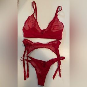 Red sheer lingerie set - Garter belt, thong, bra